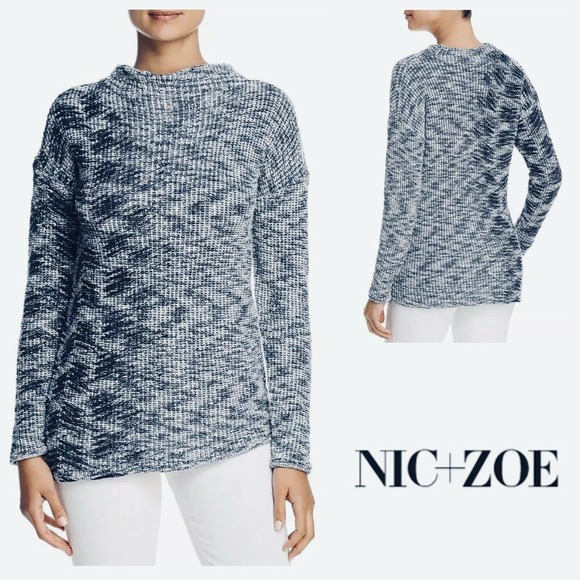 Nik + Zoe Sweaters - Nik + Zoe Navy Off-White Cotton Rayon Marled Office Casual Mock Neck Sweater
